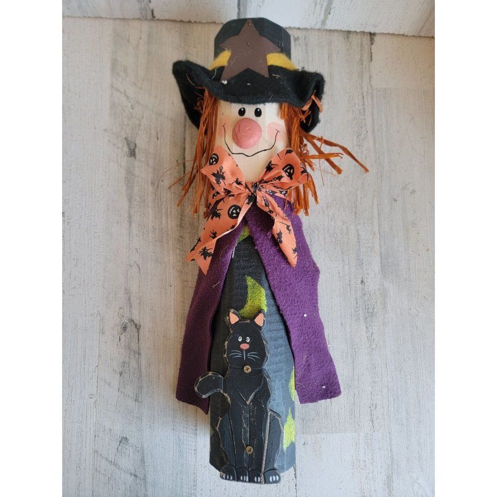 Wooden happy witch Black Cat Halloween Moon post vintage